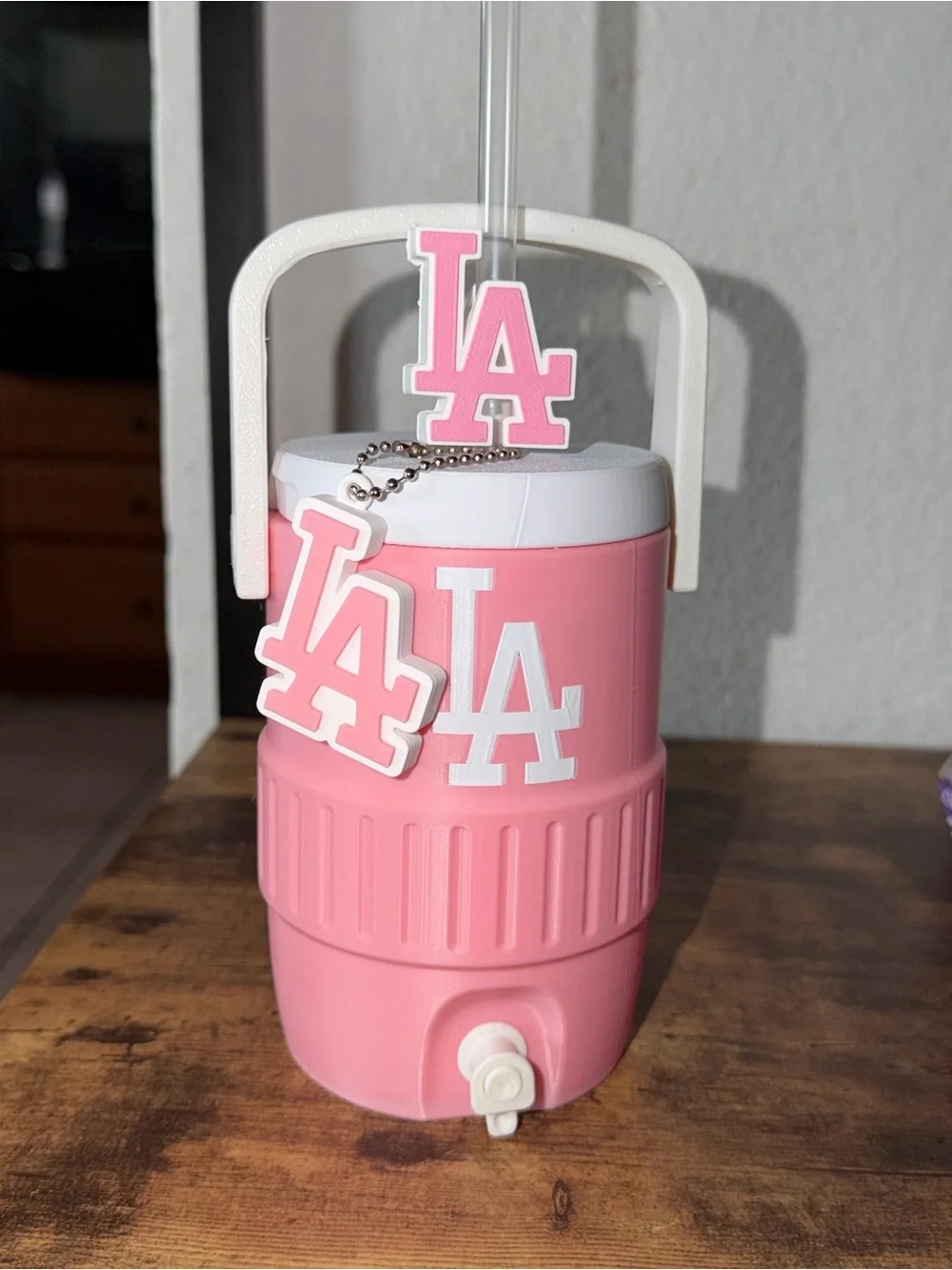 3D Printed Pink LA Logo Drink Koozie with Keychain, Straw and Topper included!